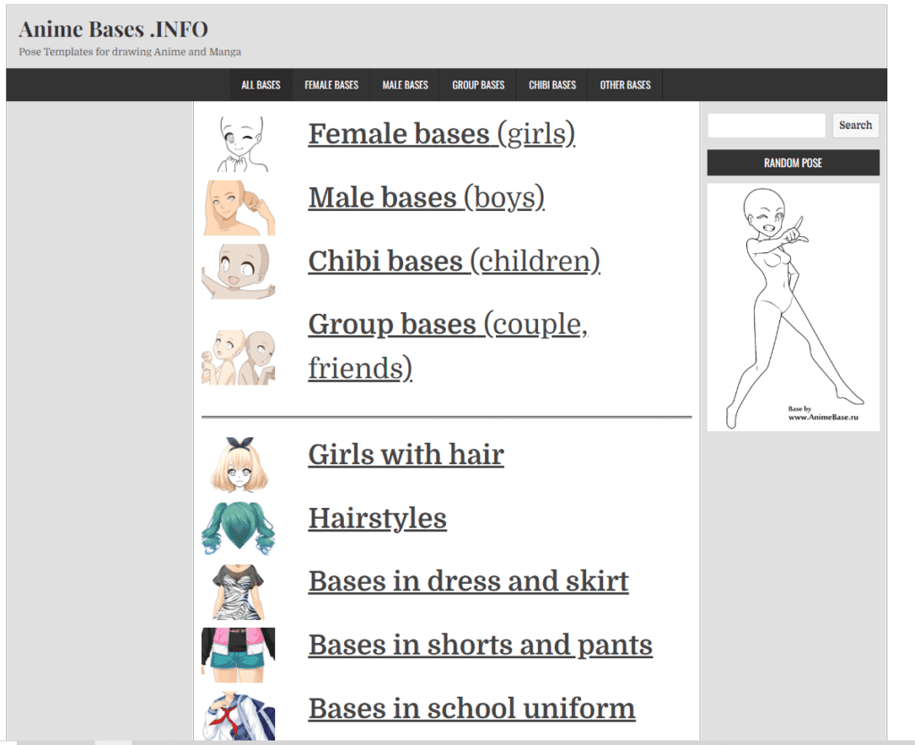 sites de poses pour le dessin, Anime base menu du site